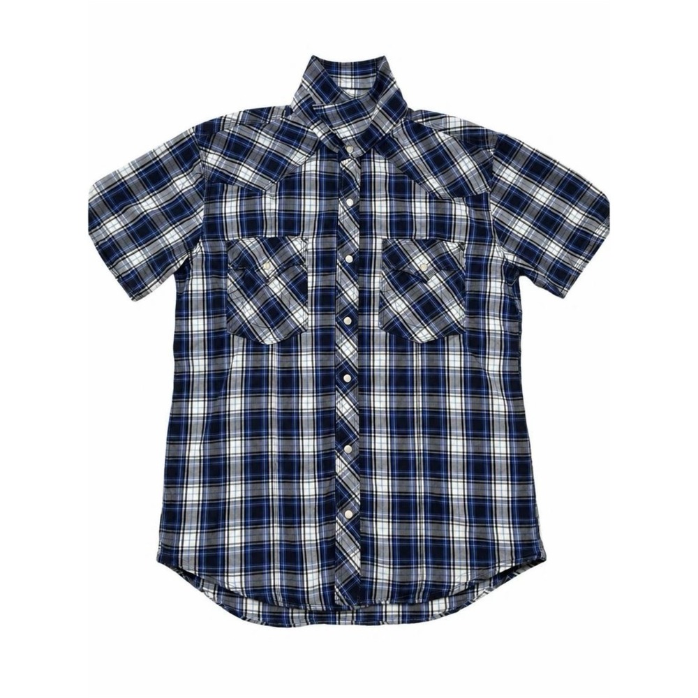 True Religion Shirt Men Sz XL Blue Plaid Pearl Snap Pockets Long Sleeve